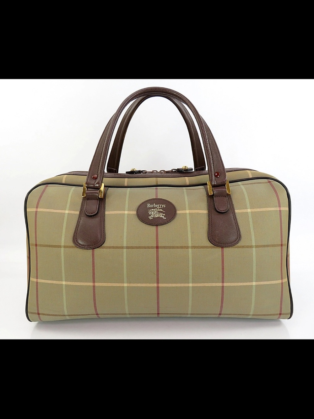 Burberry Tan Plaid Travel Holdall with Brown Leather Trim